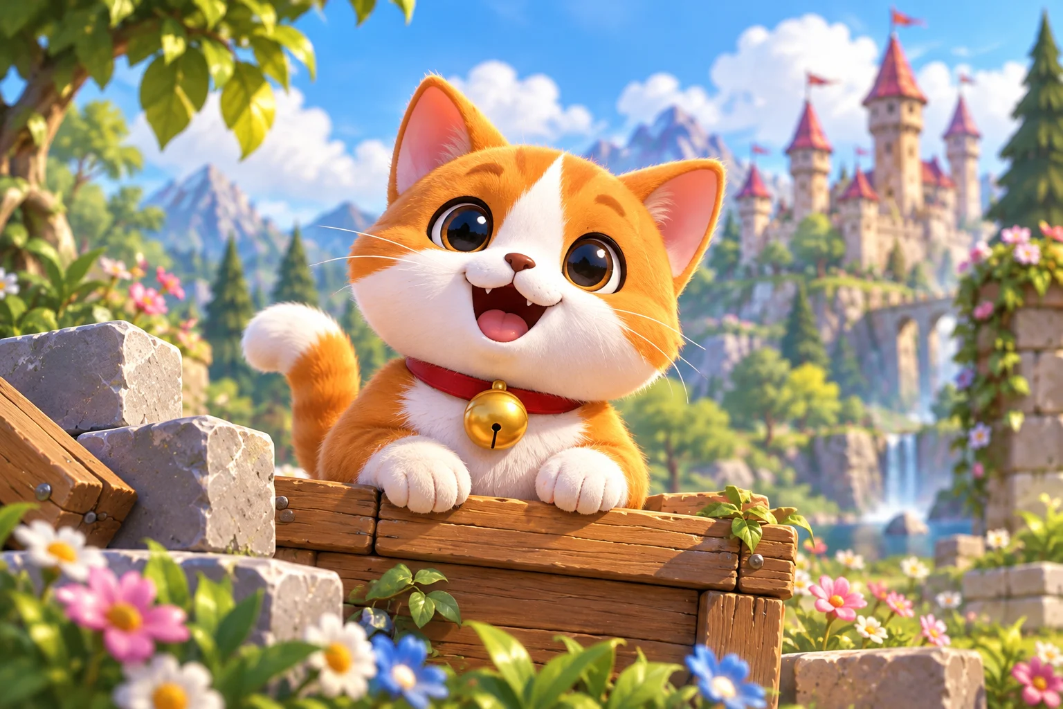 Concept art of an orange-and-white kitten in a bright storybook castle garden.